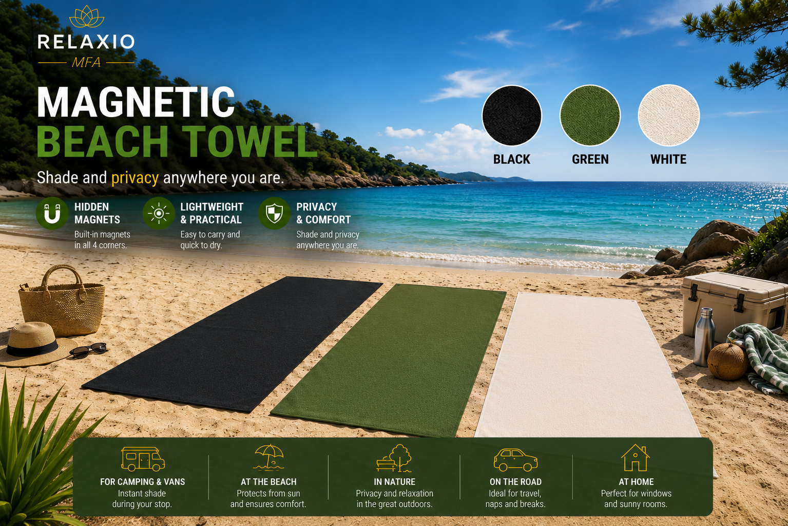 Magnetic Beach Towel with 4 Hidden Magnets | Wind-Resistant, Quick-Dry & Privacy Towel | Relaxio™