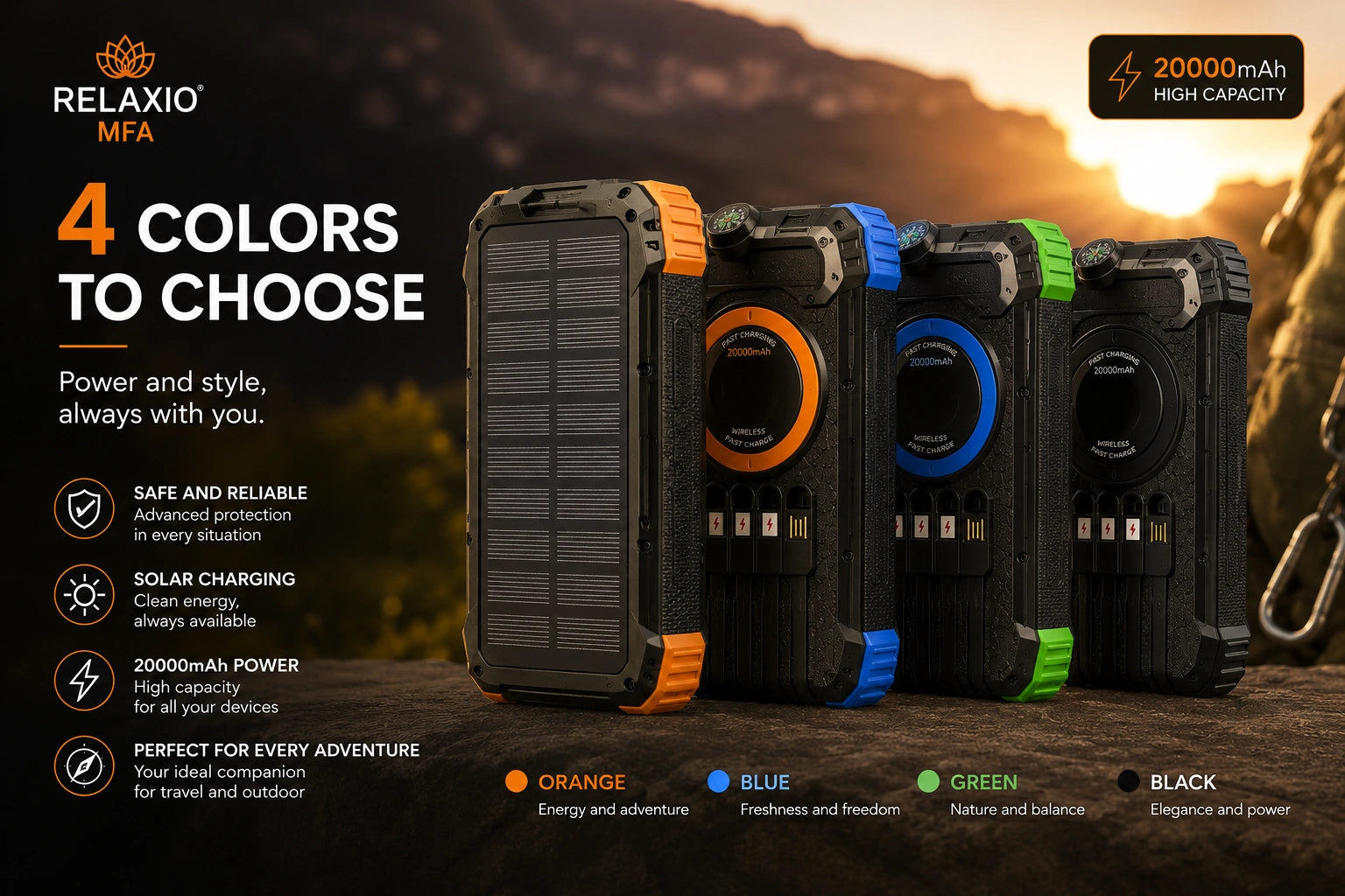 Solar Power Bank 20000mAh with Manual & Wireless Charging | Relaxio MFA