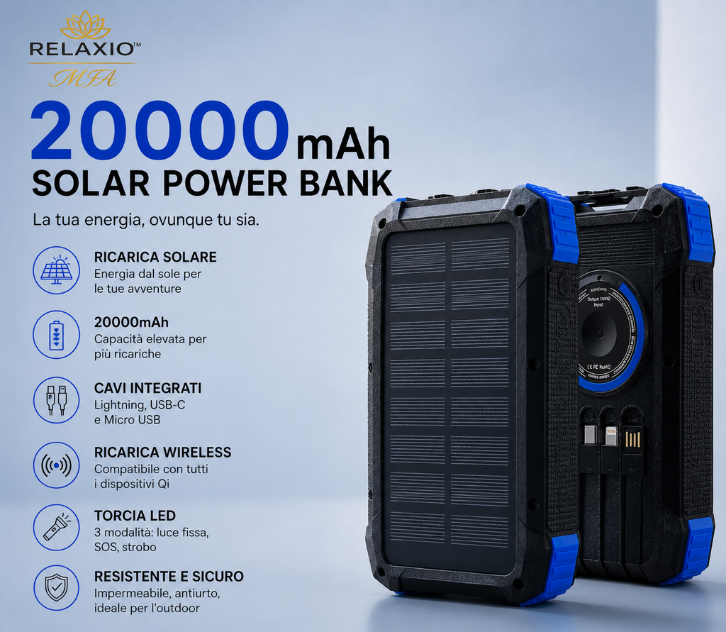 Solar Power Bank 20000mAh with Manual & Wireless Charging | Relaxio MFA