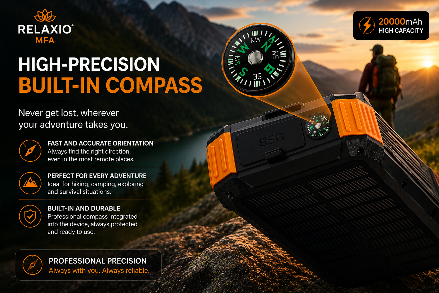 Solar Power Bank 20000mAh with Manual & Wireless Charging | Relaxio MFA