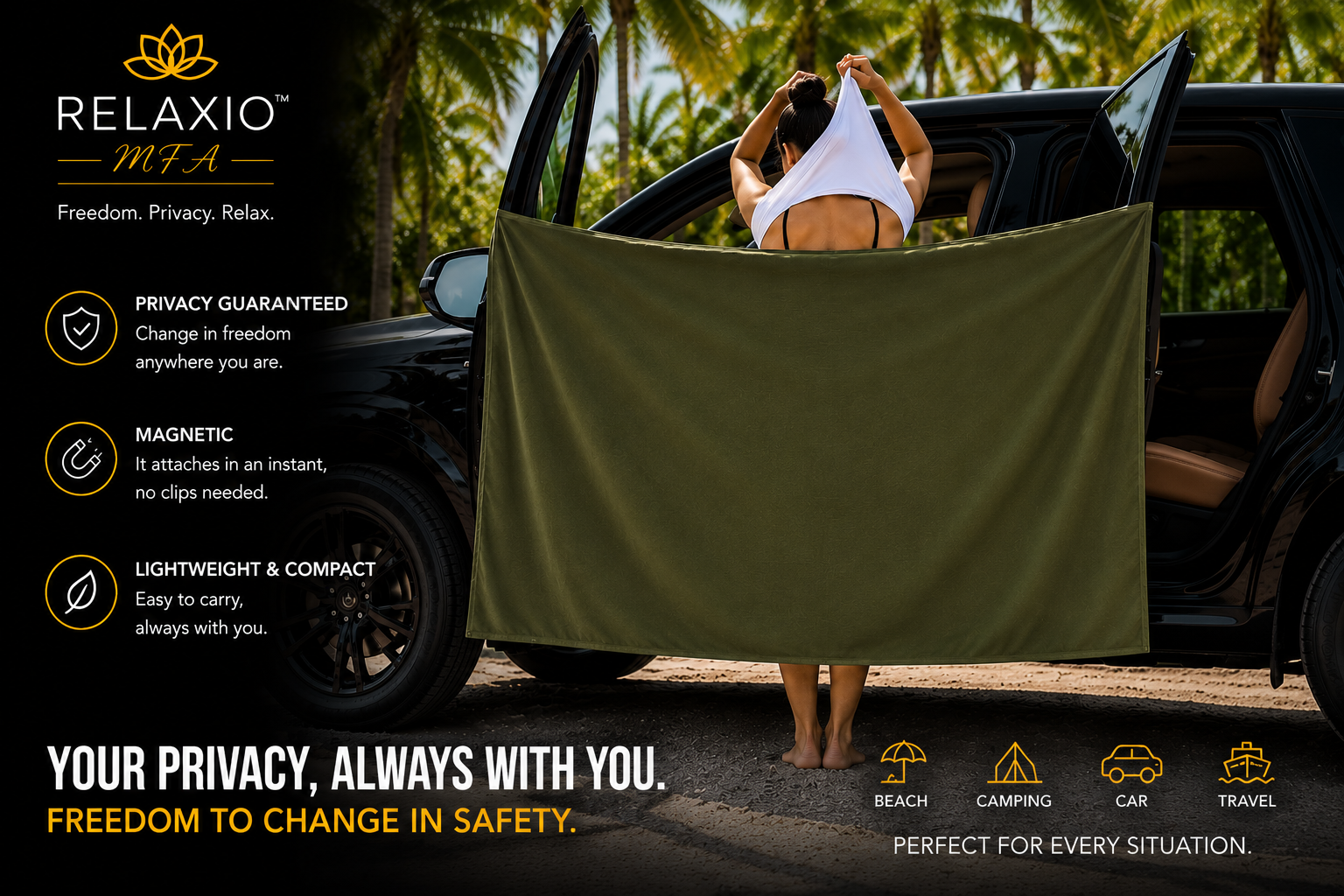 Magnetic Beach Towel with 4 Hidden Magnets | Wind-Resistant, Quick-Dry & Privacy Towel | Relaxio™