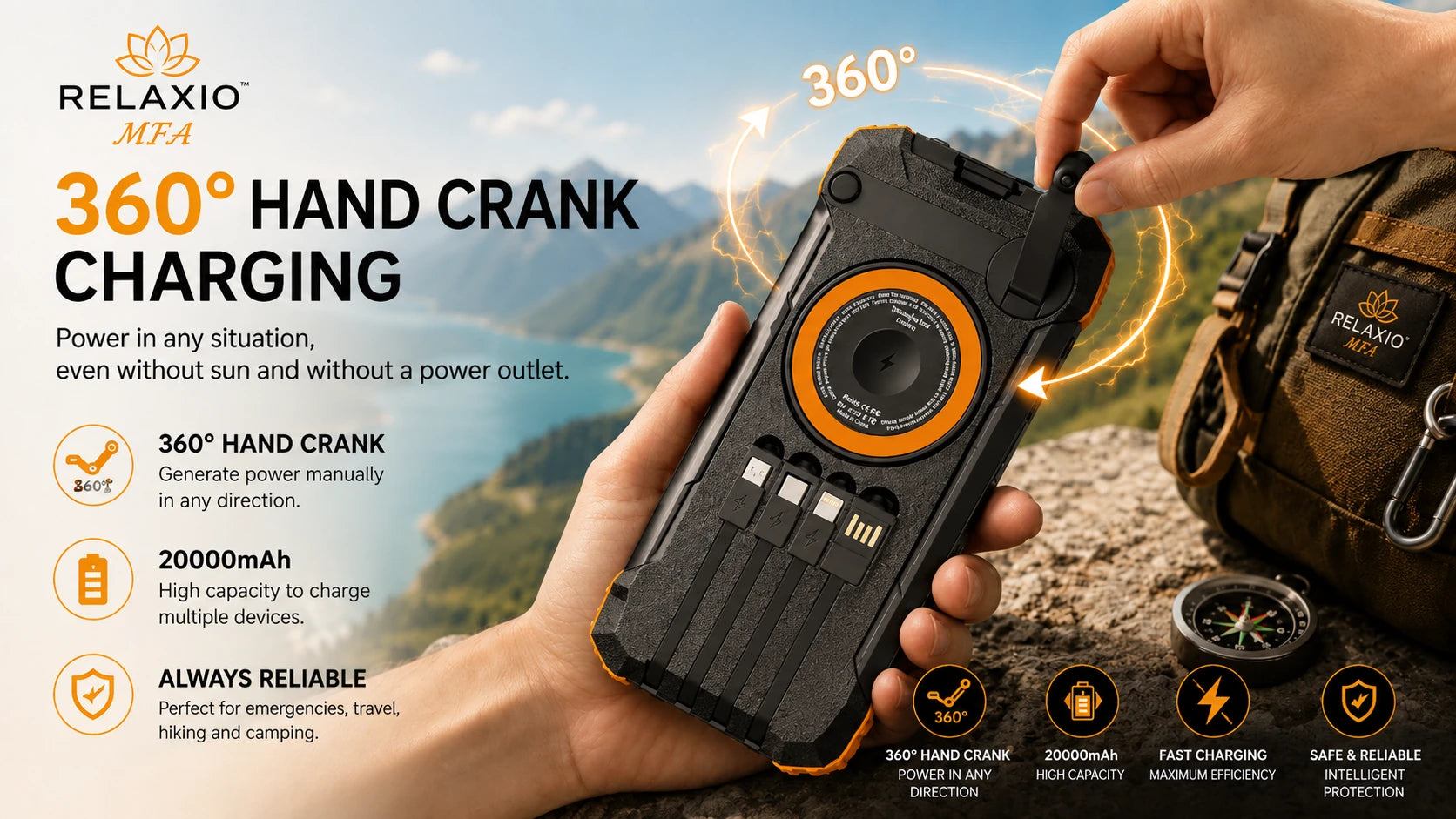 Solar Power Bank 20000mAh with Manual & Wireless Charging | Relaxio MFA
