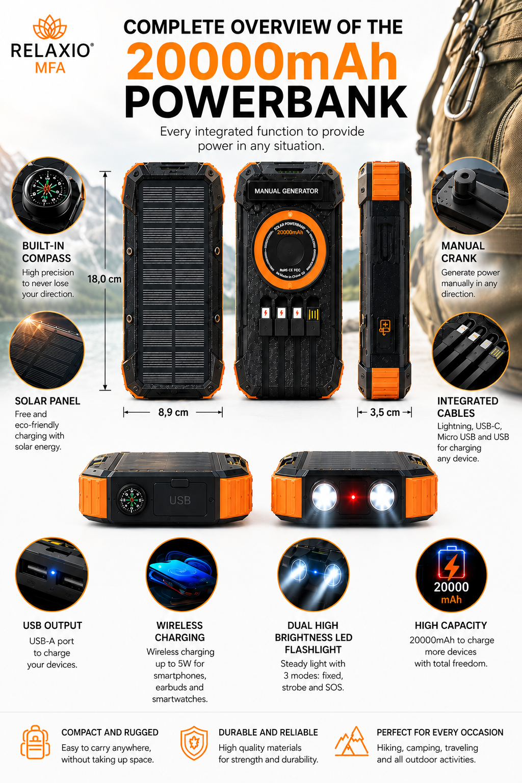 Solar Power Bank 20000mAh with Manual & Wireless Charging | Relaxio MFA