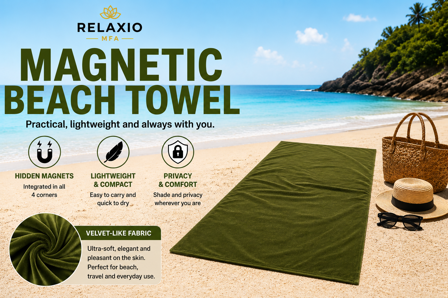 Magnetic Beach Towel with 4 Hidden Magnets | Wind-Resistant, Quick-Dry & Privacy Towel | Relaxio™