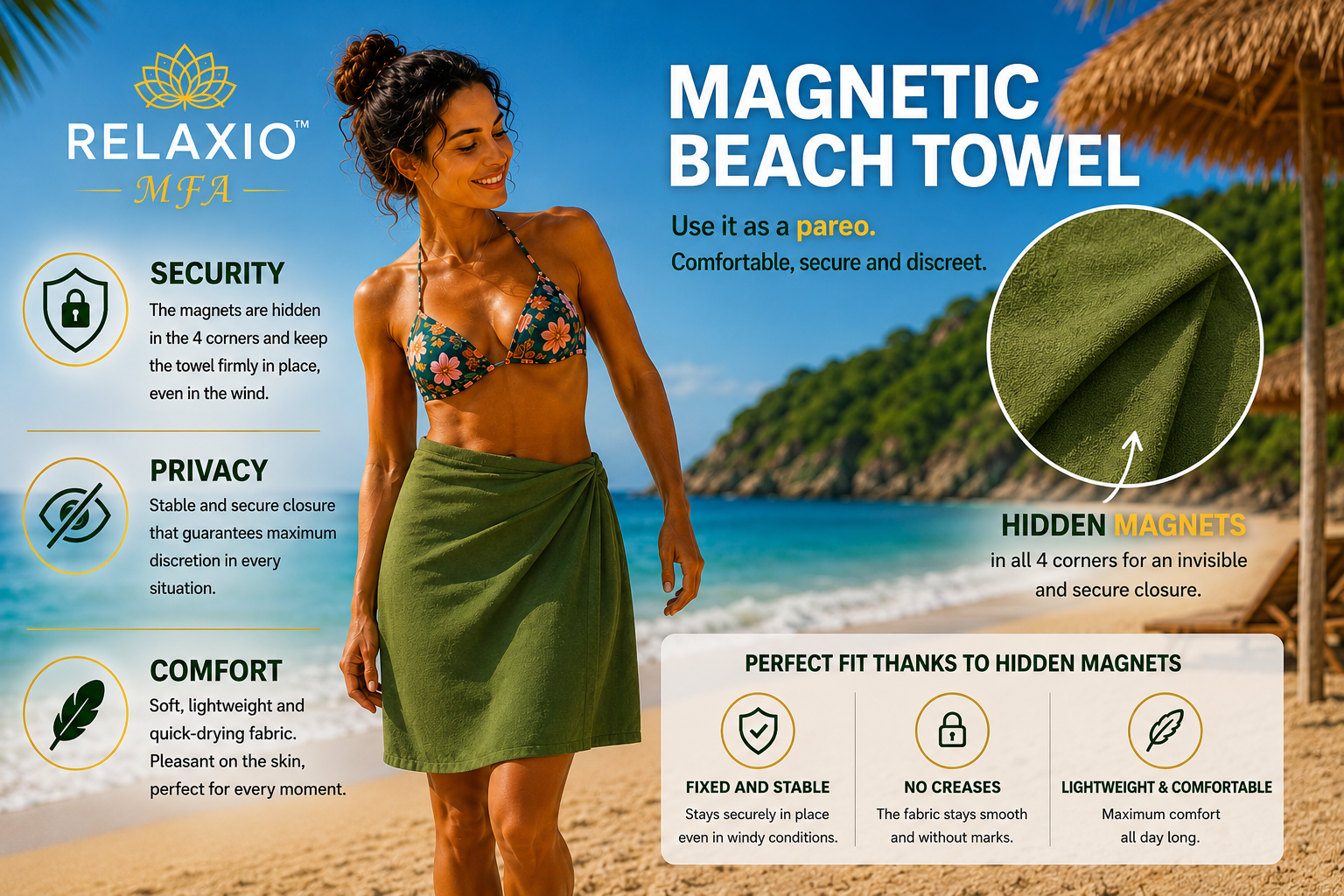 Magnetic Beach Towel with 4 Hidden Magnets | Wind-Resistant, Quick-Dry & Privacy Towel | Relaxio™