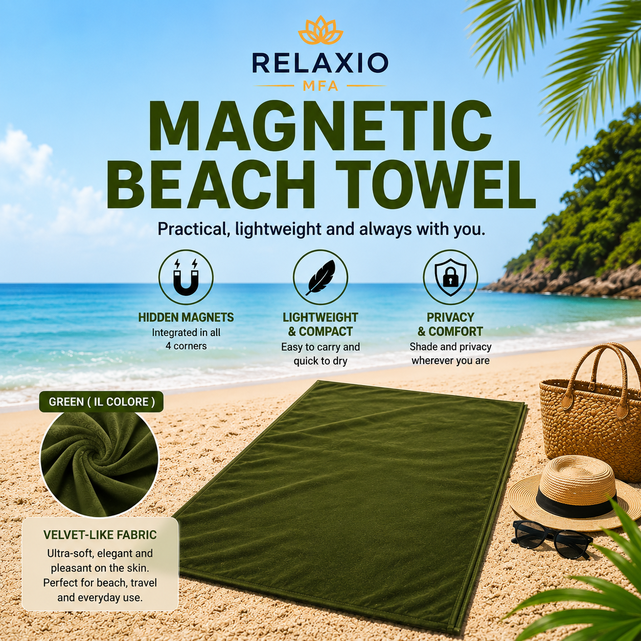 Magnetic Beach Towel with 4 Hidden Magnets | Wind-Resistant, Quick-Dry & Privacy Towel | Relaxio™