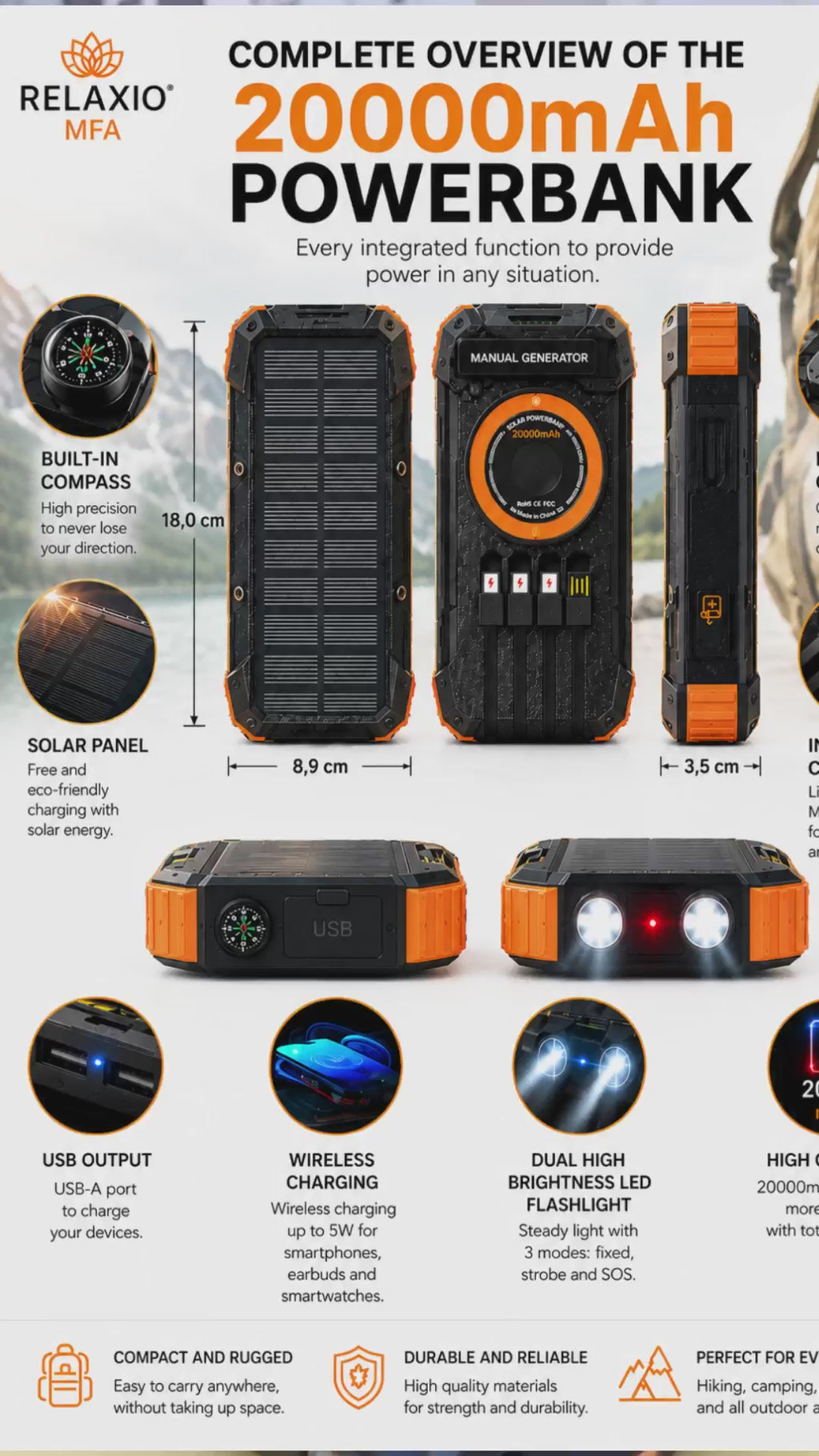 Solar Power Bank 20000mAh with Manual & Wireless Charging | Relaxio MFA