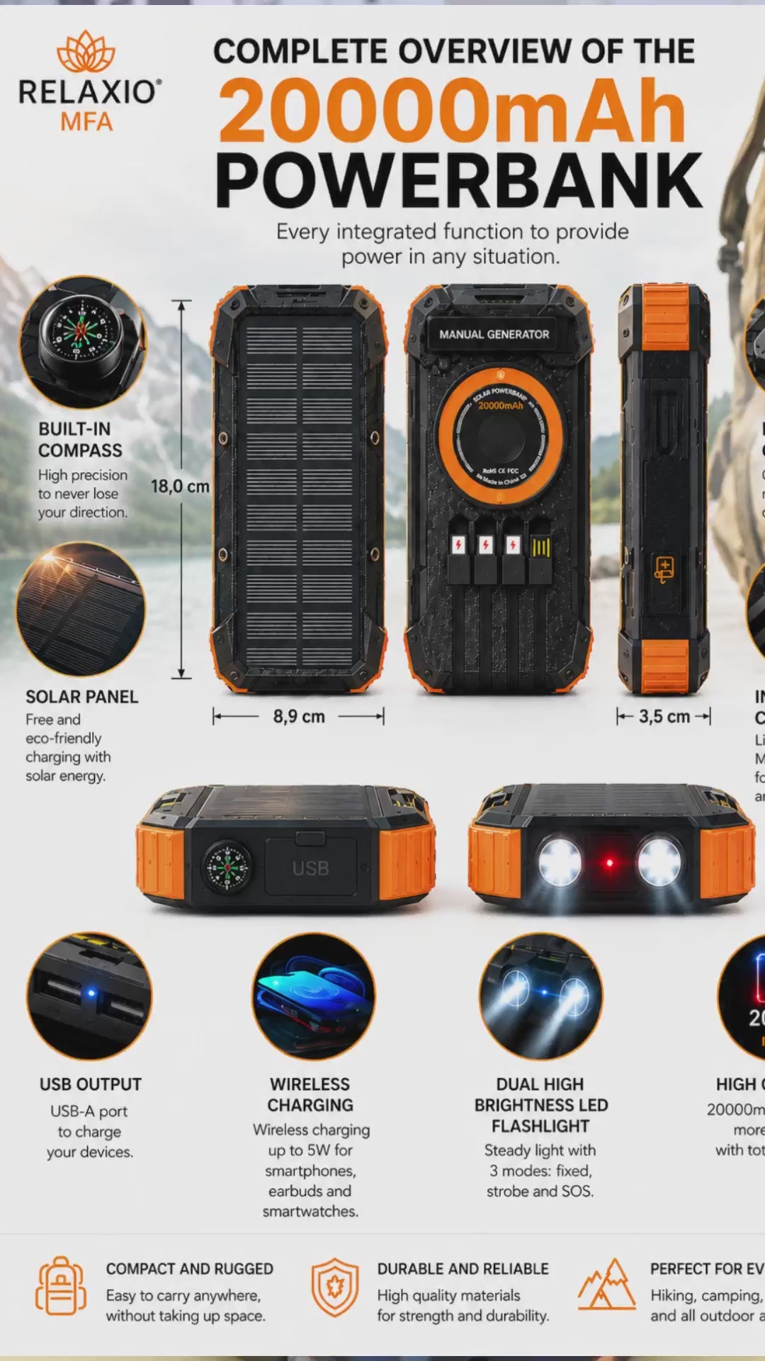 Solar Power Bank 20000mAh with Manual & Wireless Charging | Relaxio MFA