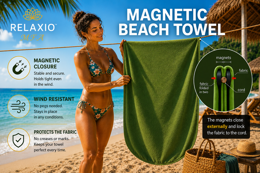 Magnetic Beach Towel with 4 Hidden Magnets | Wind-Resistant, Quick-Dry & Privacy Towel | Relaxio™